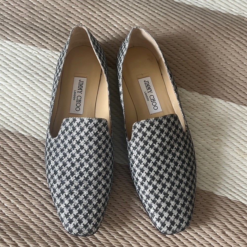 JIMMY CHOO Glitter Houndstooth loafers 38.5 Black Silver